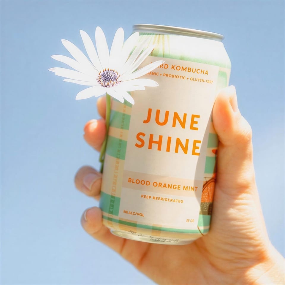 Hand holding a JuneShine Blood Orange Mint kombucha can with a white flower against a blue sky.