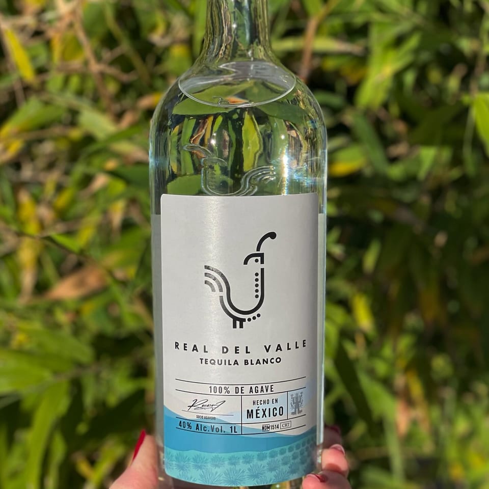Hand holding a bottle of Real del Valle Tequila Blanco against a green, leafy background.