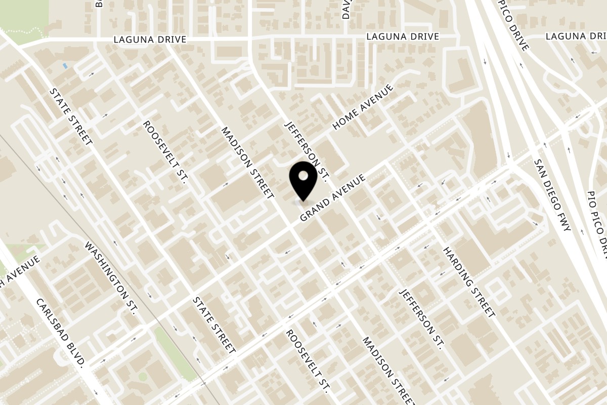 Map showing the location of Grand Avenue Bar & Grill on 752 Grand Ave in Carlsbad